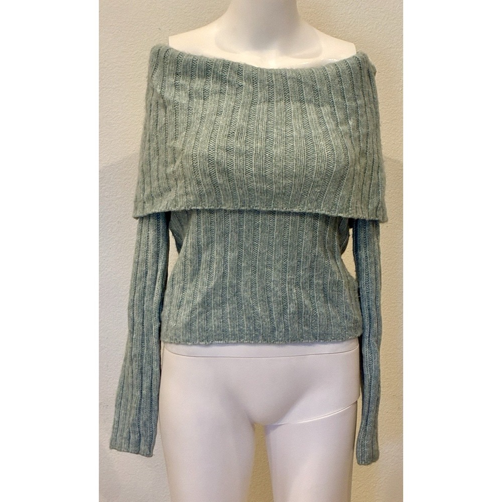 Abercrombie & Fitch Off the Shoulder Ribbed Fold Over Knit Sweater S Green Chic
